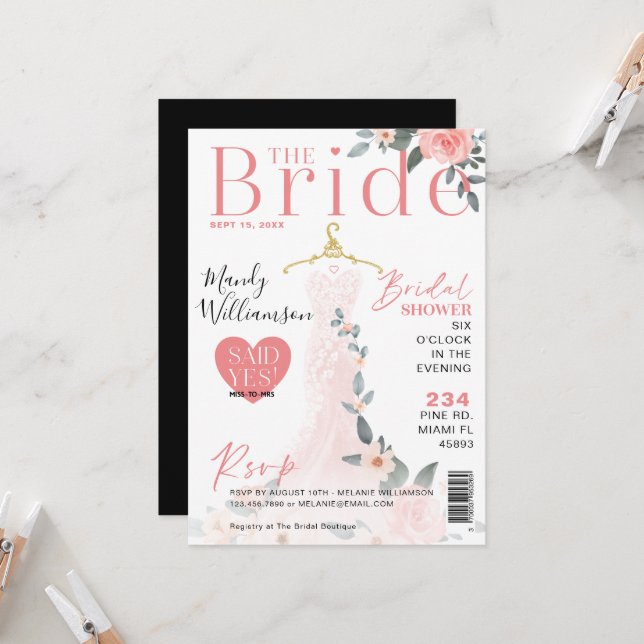 Floral Wedding Dress Bridal Shower Magazine Cover Invitation (Front/Back In Situ)