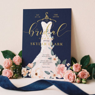 Floral Wedding Dress Navy Bridal Shower Invitation