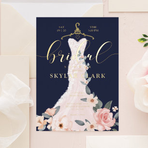 Floral Wedding Dress Navy Bridal Shower Invitation
