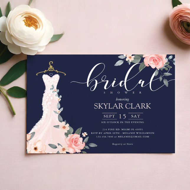 Floral Wedding Dress Navy Bridal Shower Invitation (Floral Wedding Dress Navy Bridal Shower Invitation)
