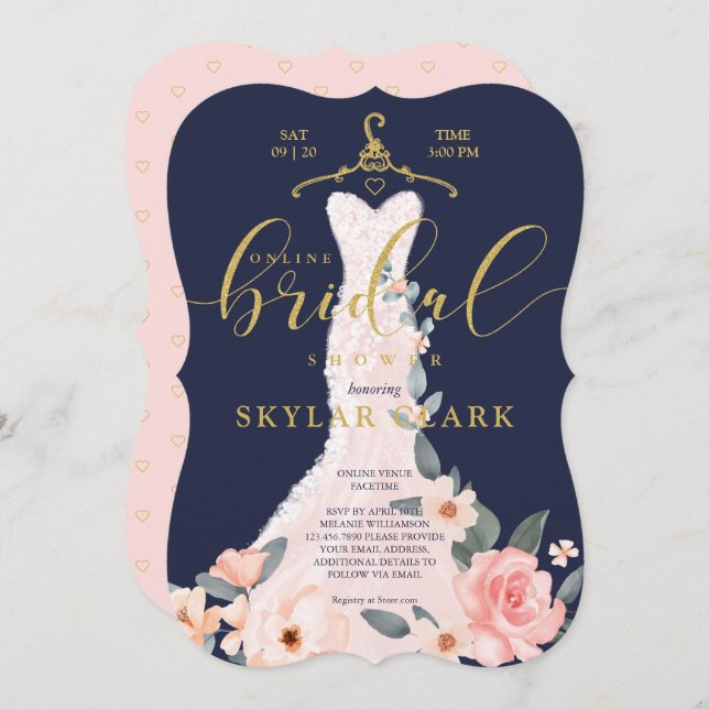 Floral Wedding Dress Navy Online Bridal Shower Invitation (Front/Back)
