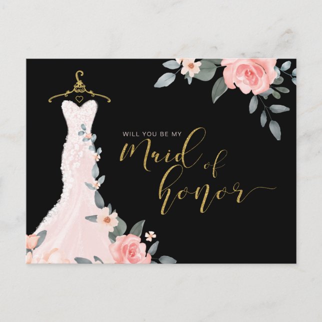 Floral Wedding Dress Will You Be Maid of Honour Invitation Postcard (Front)
