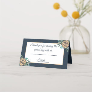 Floral Wedding Escort Peach Peony Flower Navy Blue Place Card