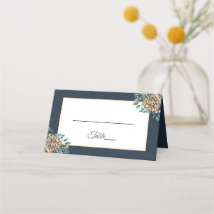 Floral Wedding Escort Peach Peony Flower Navy Blue Place Card