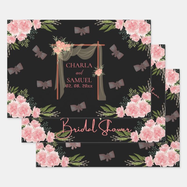 Floral Wedding Gate Bridal Shower Black Wrapping Paper Sheet (Set)