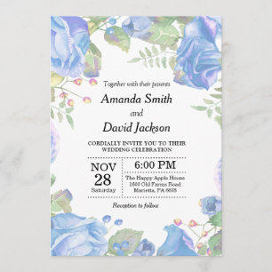 Floral Wedding Invitation Blue Watercolor Floral