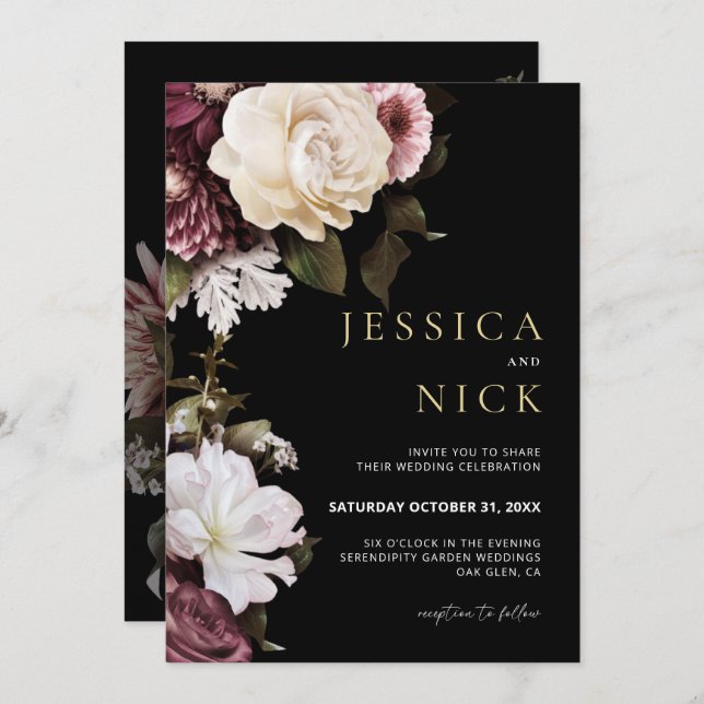 Floral Wedding Invitation, Dark Moody Wedding Invitation (Front/Back)