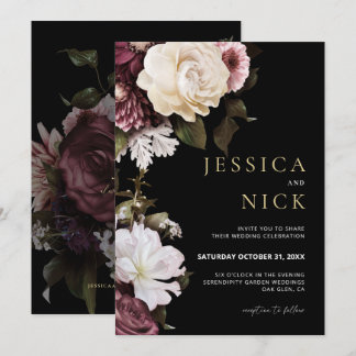 Floral Wedding Invitation, Dark Moody Wedding Invitation