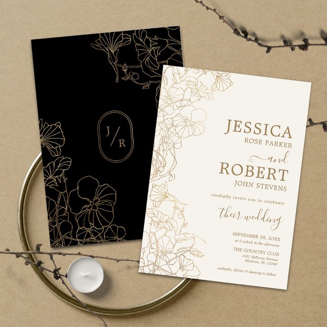 Floral Wedding Invitation - Gold Ivory Black  (Creator Uploaded)