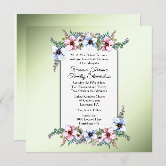 Floral Wedding Invitation Green (Front/Back)