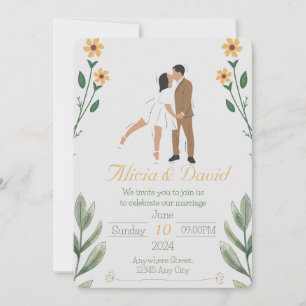 Floral Wedding Invitation with Bride and Groom