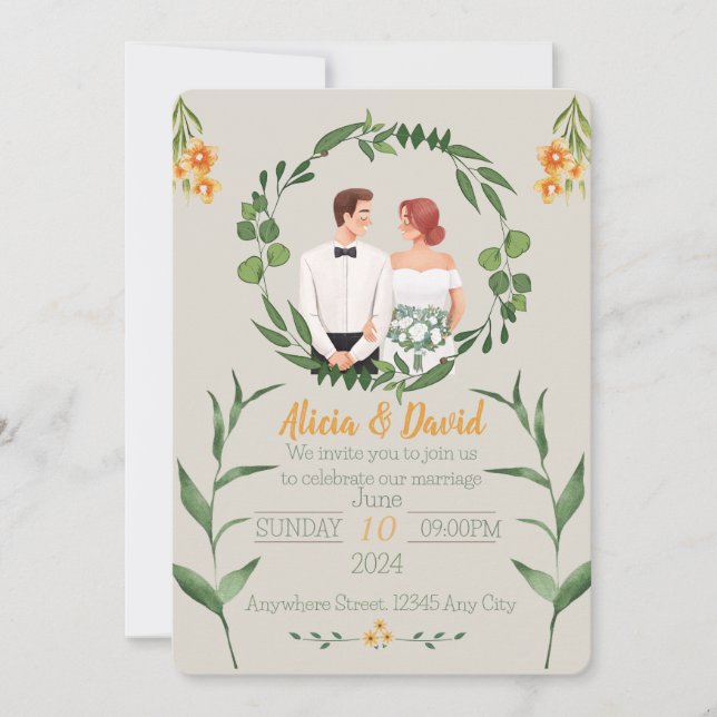 Floral Wedding Invitation with Bride and Groom (Front)