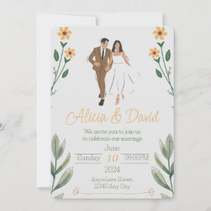 Floral Wedding Invitation with Bride and Groom