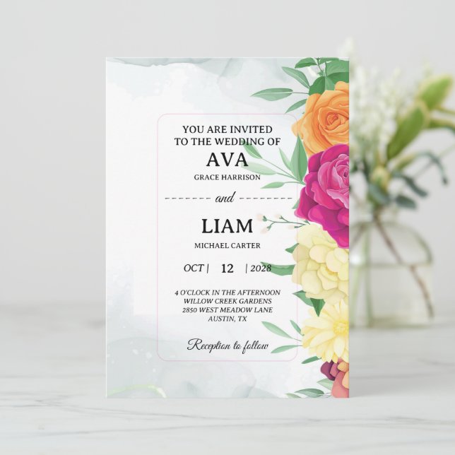 Floral Wedding Invitation with Modern Framed Text (Standing Front)