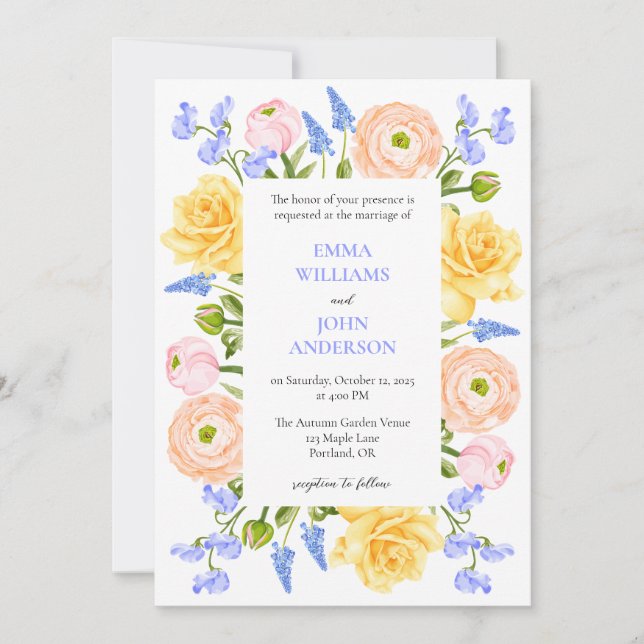 Floral Wedding Invitation with Pastel Flowers (Front)