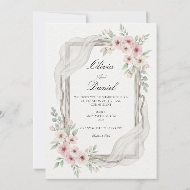 Floral Wedding Invitations Soft pink (Front)