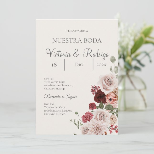 Floral Wedding invite in Spanish (Standing Front)