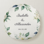 Floral Wedding Keepsake Elegant Decor Personalised Round Cushion<br><div class="desc">A timeless keepsake to commemorate a beautiful beginning, this personalised botanical wedding pillow features a soft floral design which encircles the couple’s names and wedding date. Refined and romantic, the elegant cushion is designed to complement sophisticated wedding aesthetics, from garden ceremonies to formal estate celebrations. The delicate greenery and white...</div>