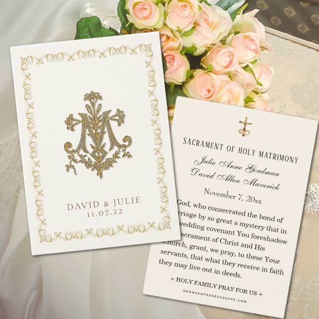 Floral Wedding Marian Cross Holy Card (Easy to personalize Marian Cross wedding prayer cards)