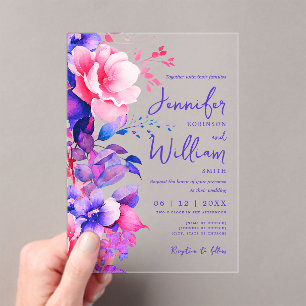 Floral Wedding Modern Script Typography Purple  Acrylic Invitations