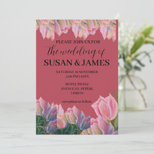 Floral wedding pink tulips magenta invitation