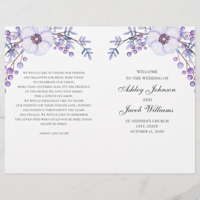 Floral wedding program folded. Purple flowers (Front)