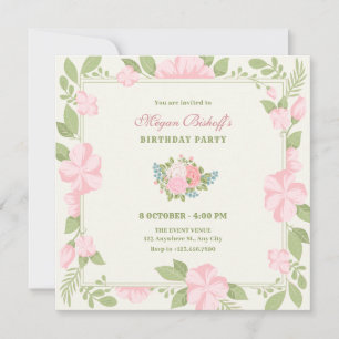 Floral wedding ring pink green birthday invitation