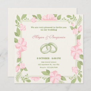 Floral wedding ring pink green pastel colour invitation