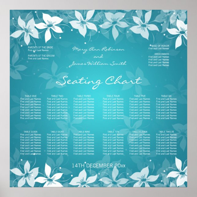 Floral Wedding Seating Chart Exotic Blooms Blue (Front)