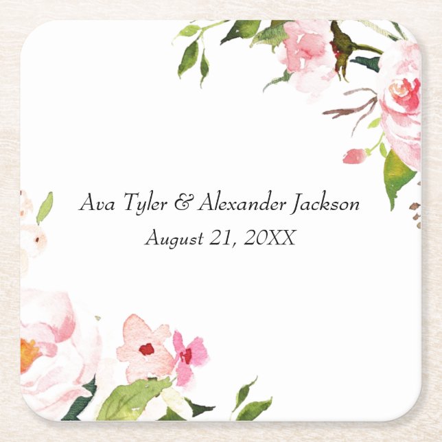 Floral Wedding Square Paper Coaster (Front)