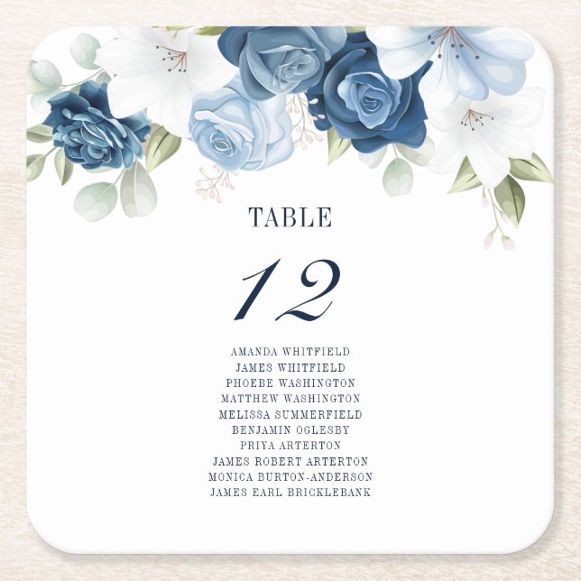 Floral Wedding Table Number 12 Seating Chart Square Paper Coaster (Front)