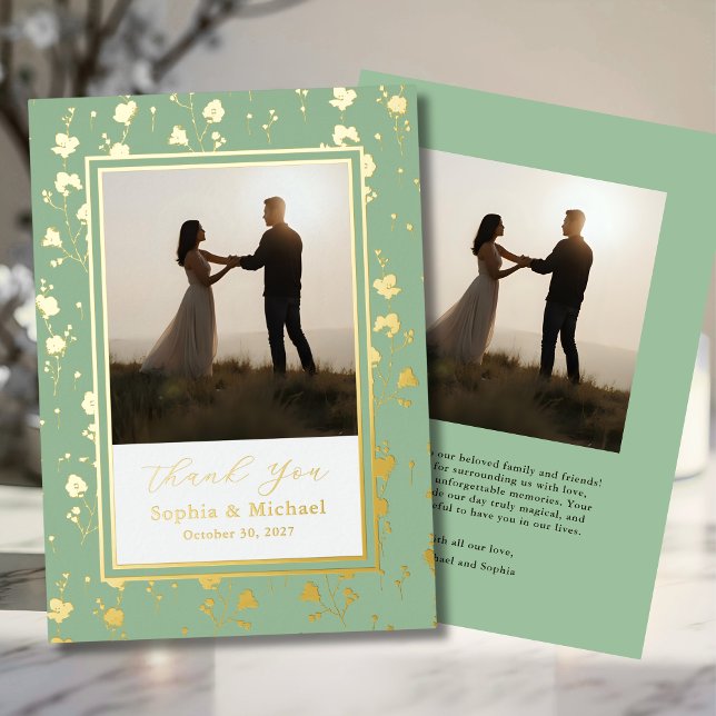 Floral Wedding Thank You 2 Photo Sage Green Gold Foil Holiday Card (Creator Uploaded)