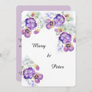 Floral wedding watercolor lilac pansies invitation