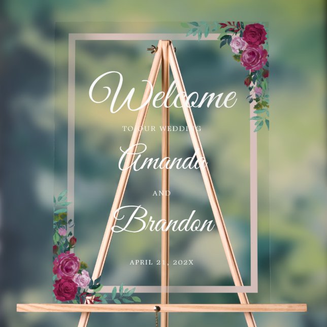 Floral Wedding Welcome white script Acrylic Sign (Neutral)