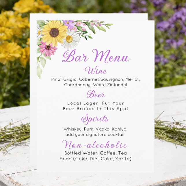 Floral Wedding Wildflower Sunflower Daisy Bar Menu (Creator Uploaded)
