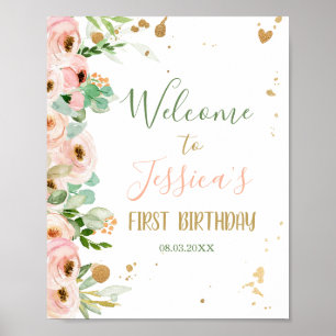 Floral Welcome Sign Miss Onederful Peach Pink Girl