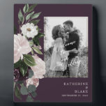 Floral Welcome to our Wedding B/W Photo Wine  Plaque<br><div class="desc">Wedding Welcome Sign.  Wine background.  Black and White filter applied to photo.  Dusty Rose & Wine Floral.</div>