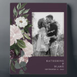 Floral Welcome to our Wedding B/W Photo Wine  Plaque<br><div class="desc">Wedding Welcome Sign.  Wine background.  Black and White filter applied to photo.  Dusty Rose & Wine Floral.</div>