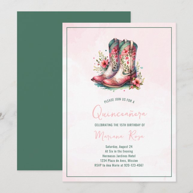 Floral Western Boots Quinceanera Birthday Invitation (Front/Back)