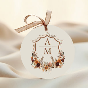 Floral Western Crest Monogram Wedding  Classic Round Sticker