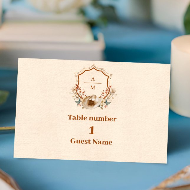 Floral Western Crest Monogram Wedding  Place Card (Creator Uploaded)