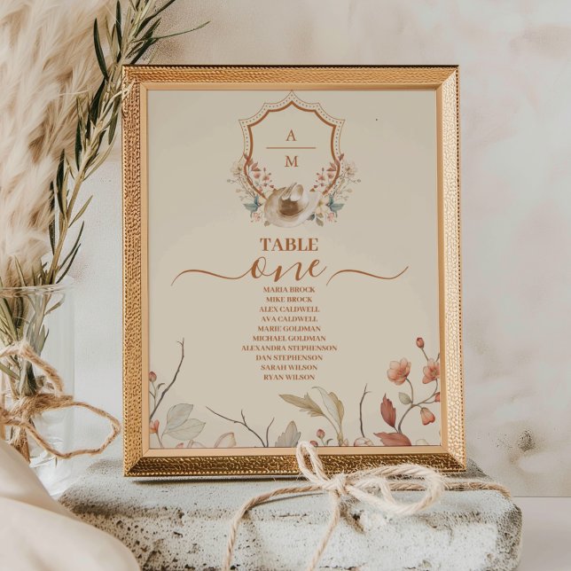 Floral Western Crest Monogram Wedding  Table Number (Creator Uploaded)