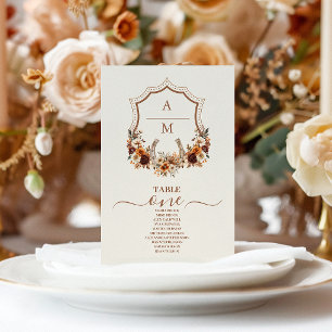 Floral Western Crest Monogram Wedding Table Number