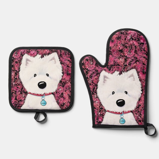 Floral Westie Art Oven Mitt & Pot Holder Set (Front)
