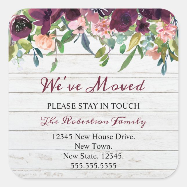 Floral We've Moved | New Address  Announcement Square Sticker (Front)