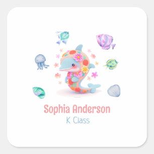 Floral Whale Sea Theme Back To School Name Square Sticker