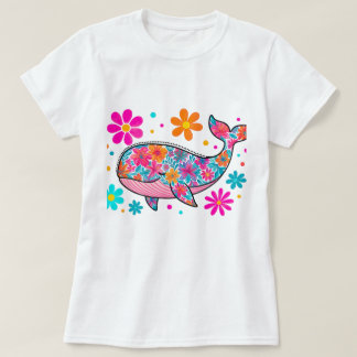 Floral Whale with Colourful Flowers – Boho Ocean T-Shirt
