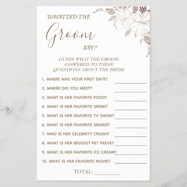 Floral What groom say Bridal shower game card Flye (Front)