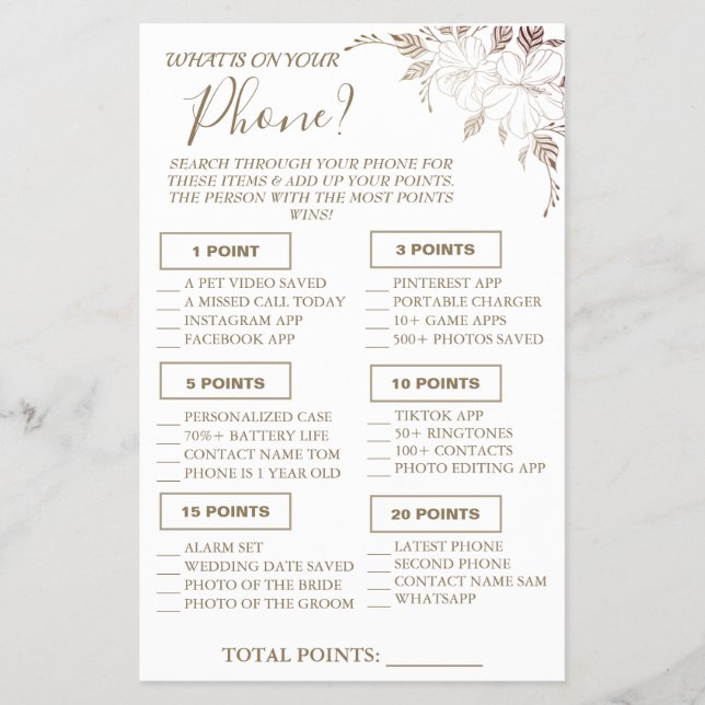 Floral What is on your phone Shower game card Flye (Front)
