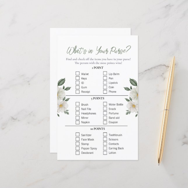 Floral "What's in Your Purse" Bridal Shower Game (Front/Back In Situ)